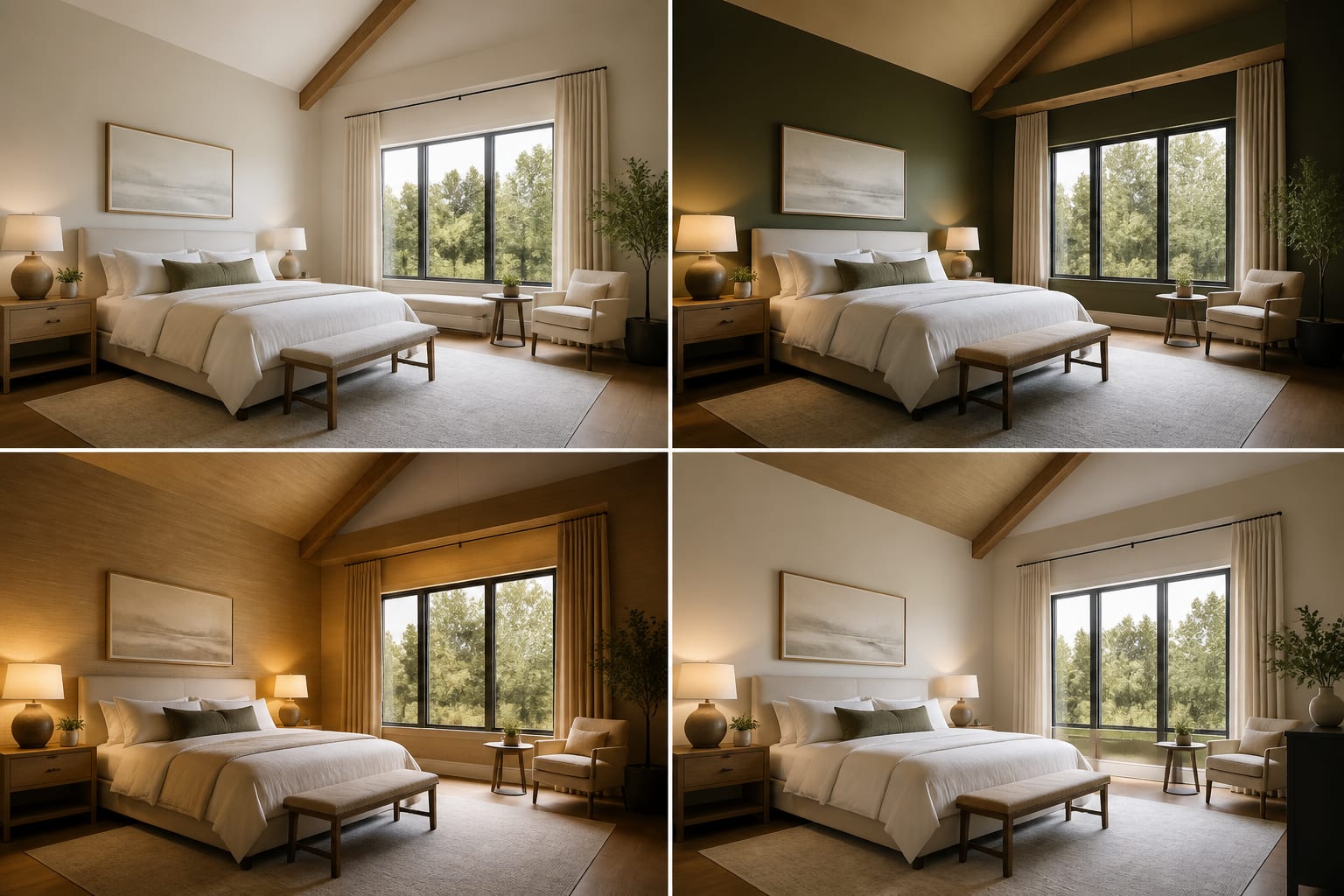 AI iteration board with four versions of the same bedroom, each labeled by layout, palette, lighting, and final scale check