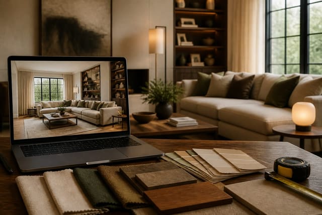 AI room design preview on a laptop beside fabric samples, paint cards, and a tape measure in a warm modern living room
