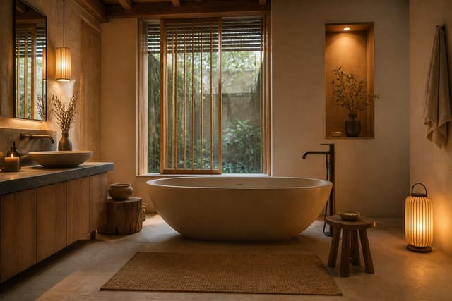 Editorial interior photograph showing japandi bathroom ideas for a calm, warm spa in a real bathroom, with japandi materials, layered warm lighting, styled furniture, and a magazine-quality residential composition.