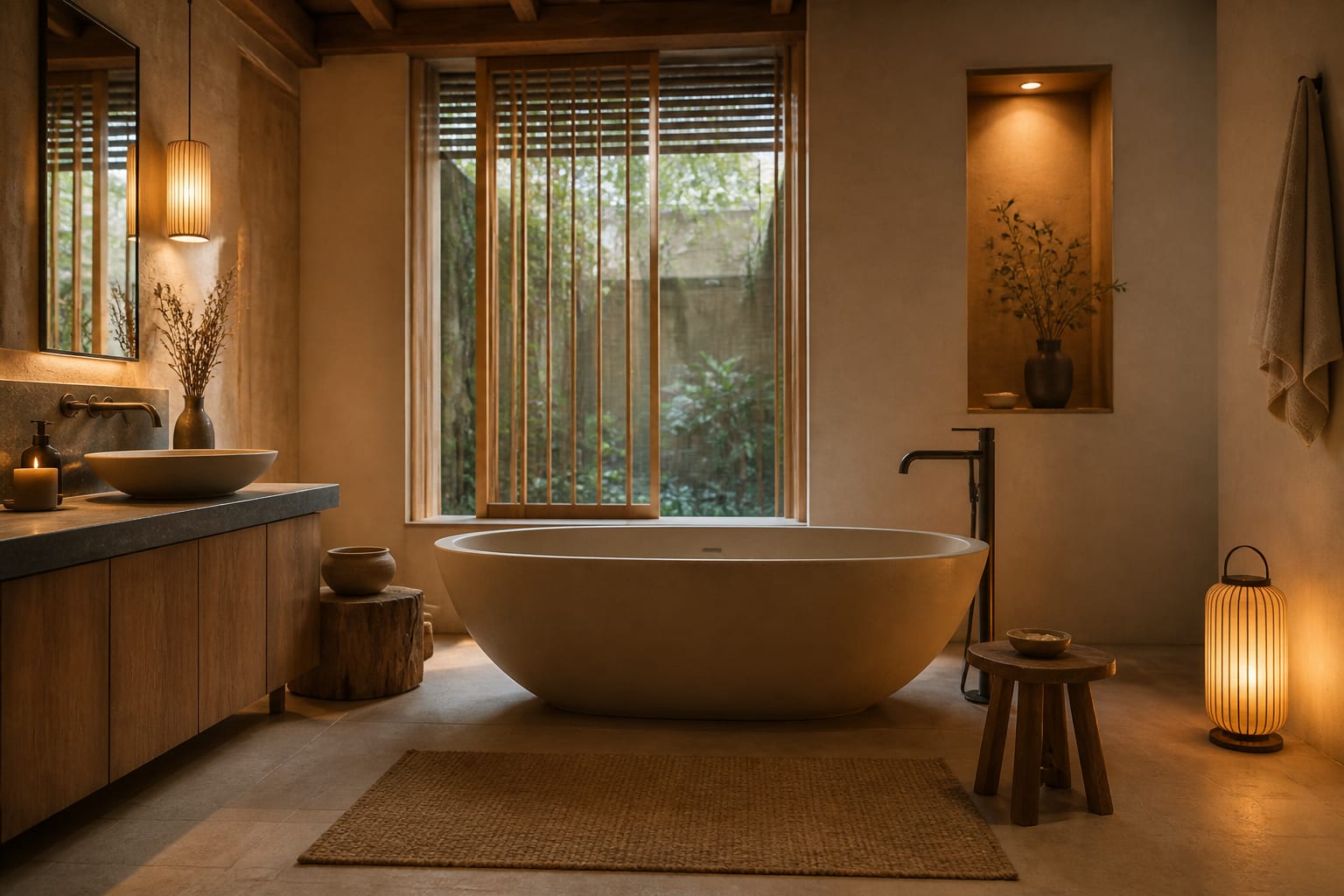 Editorial interior photograph showing japandi bathroom ideas for a calm, warm spa in a real bathroom, with japandi materials, layered warm lighting, styled furniture, and a magazine-quality residential composition.