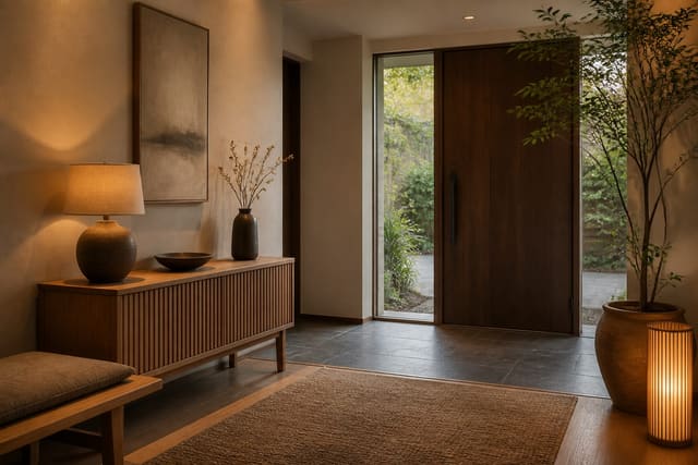 Editorial interior photograph showing japandi entryway ideas for a calm first impression in a real entryway, with japandi materials, layered warm lighting, styled furniture, and a magazine-quality residential composition.
