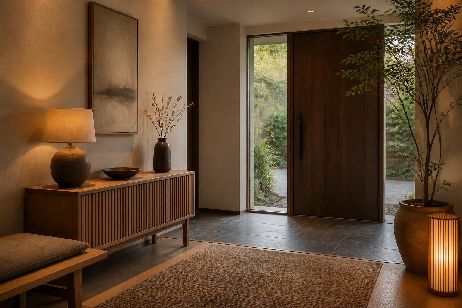 Editorial interior photograph showing japandi entryway ideas for a calm first impression in a real entryway, with japandi materials, layered warm lighting, styled furniture, and a magazine-quality residential composition.