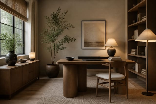 Japandi Home Office Ideas shown as a finished Re-Design editorial room concept