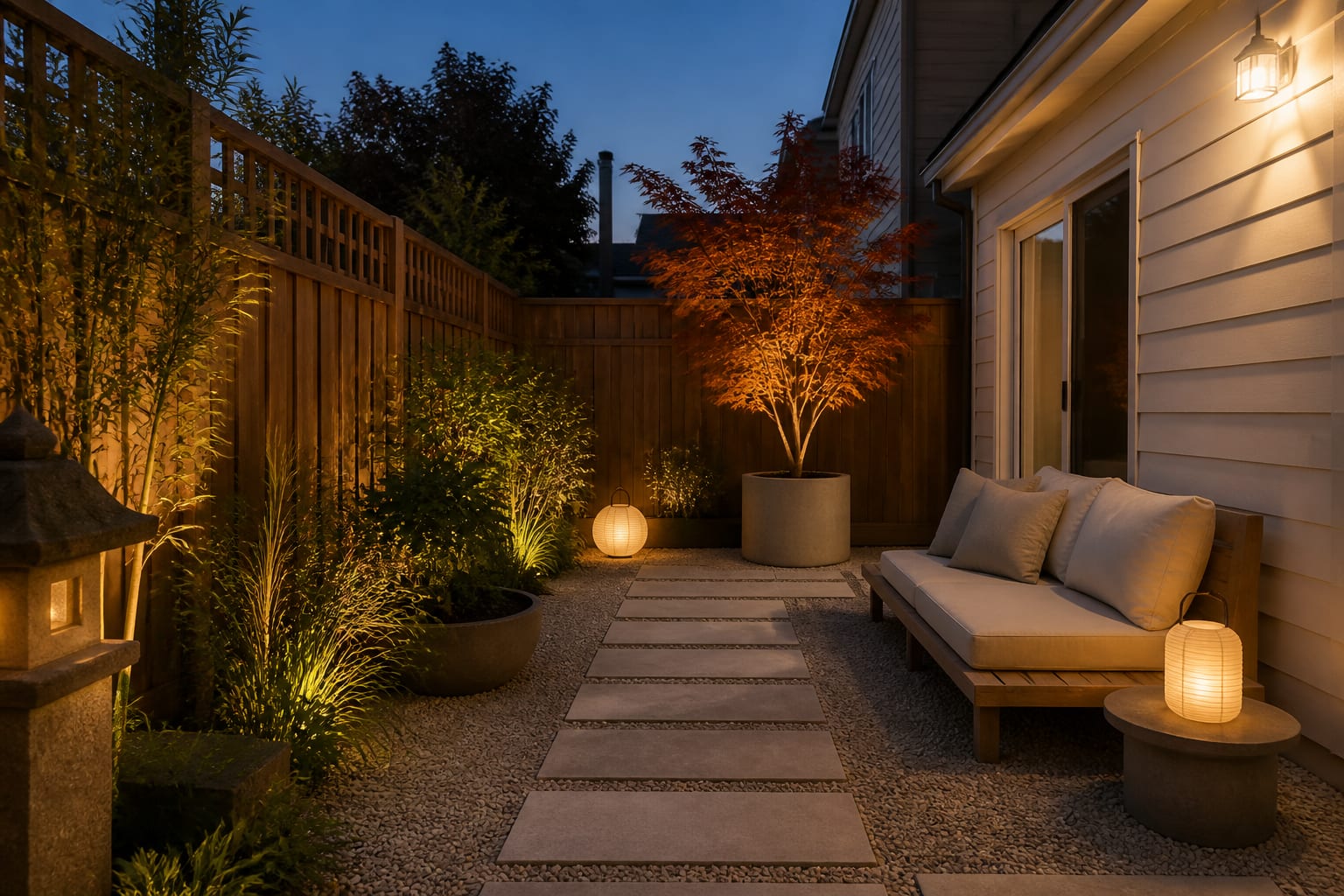 Serene Japandi patio with low teak bench, gravel, and warm lantern light