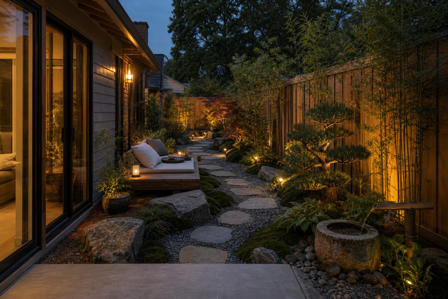 same backyard angle redesigned with stepping stones, raked gravel, moss, boulders, clipped evergreens, bamboo screening, and a stone water basin.