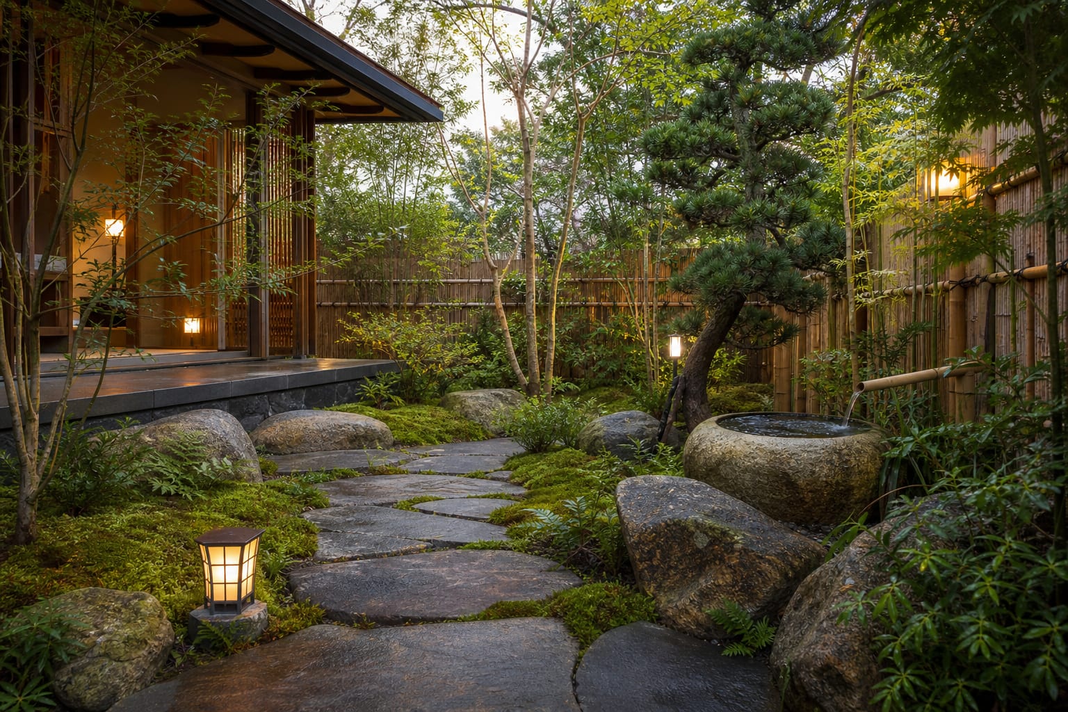 quiet Japanese garden path with moss, boulders, bamboo screening, and a small water basin beside clipped evergreen planting