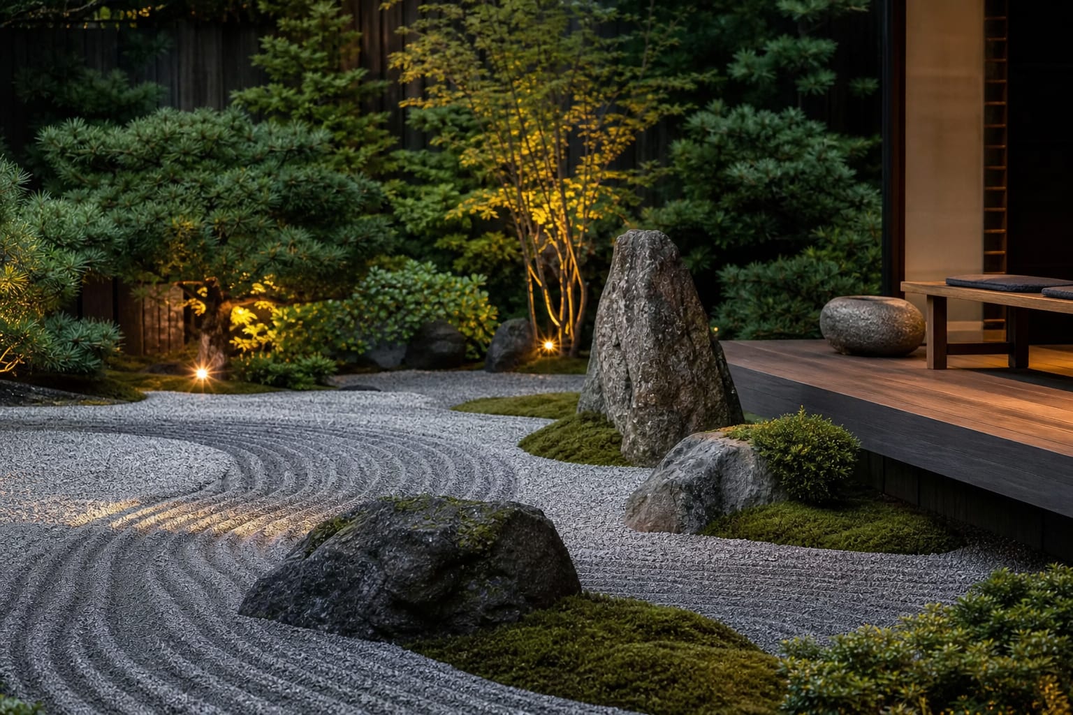 Japanese garden detail with raked gravel curving around partially buried boulders, moss patches, and a low evergreen backdrop