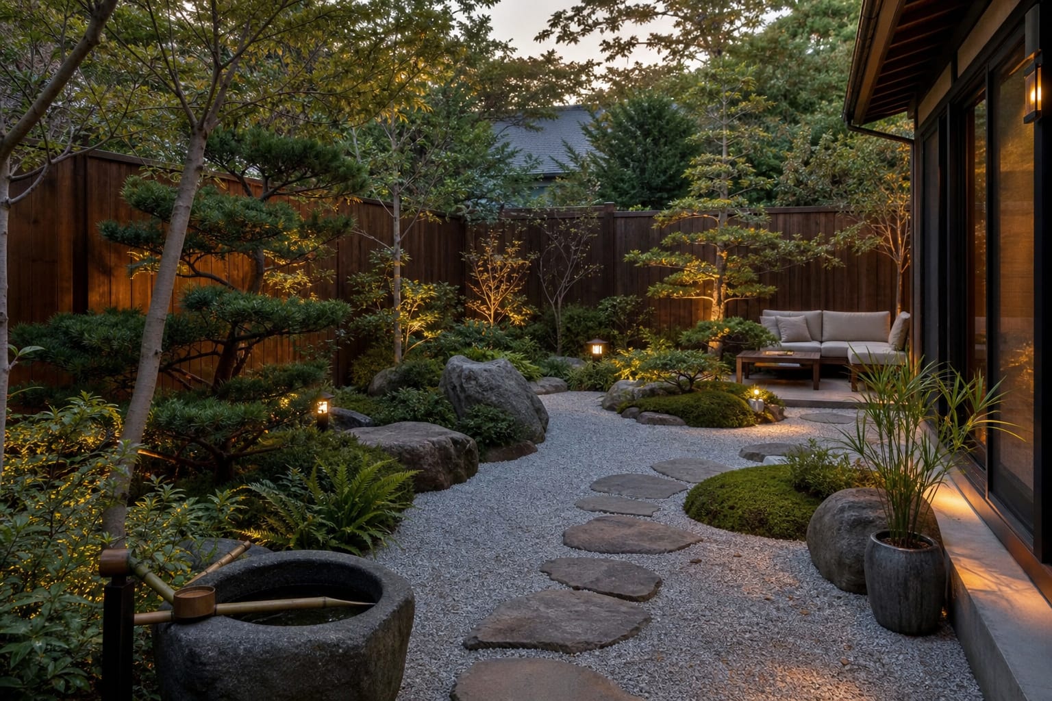 phone preview of a Japanese garden redesign showing gravel, stepping stones, basin, and evergreen planting over a real backyard photo