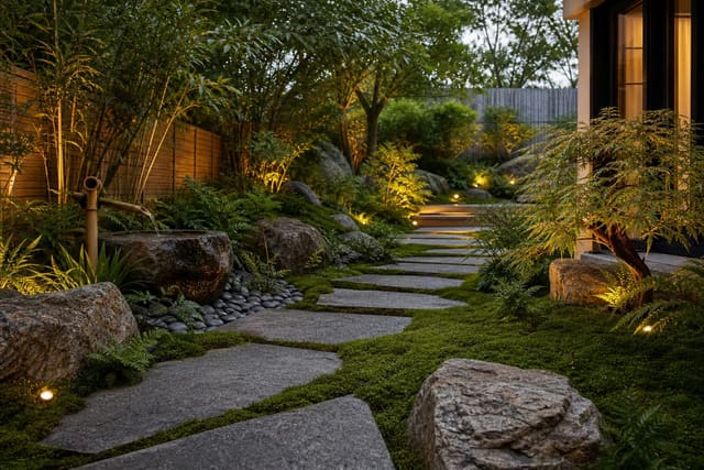 quiet Japanese garden path with moss, boulders, bamboo screening, and a small water basin beside clipped evergreen planting