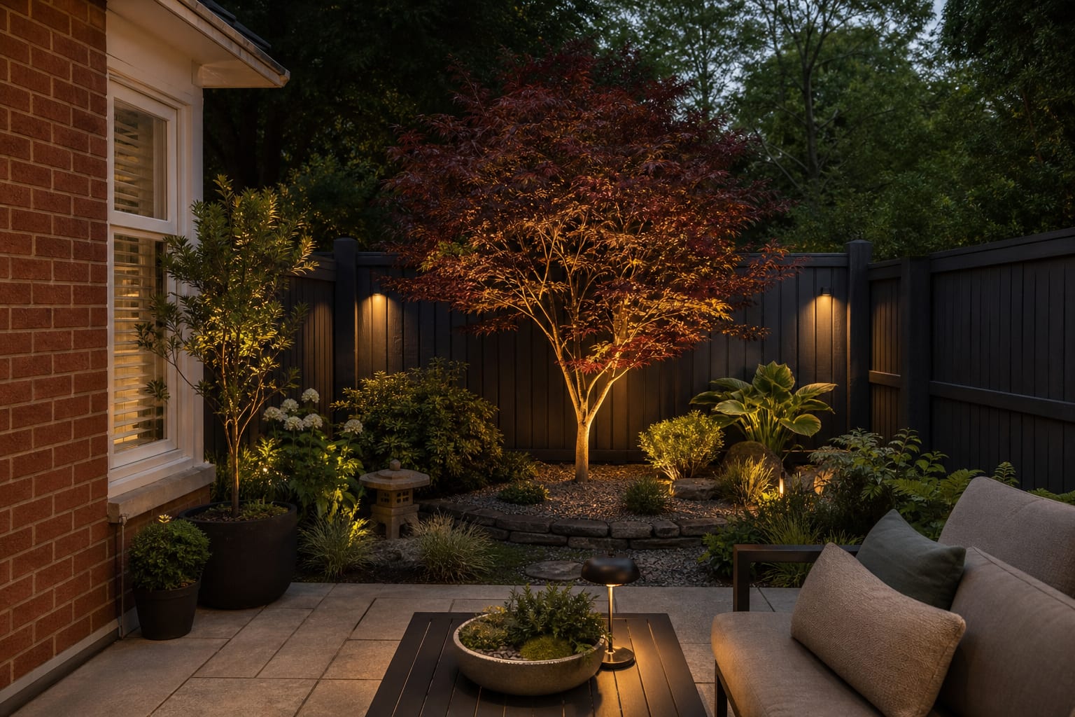 Japanese maple garden design from the same angle with a sculptural maple, gravel mulch, low ferns, stone edging, and layered shade planting.