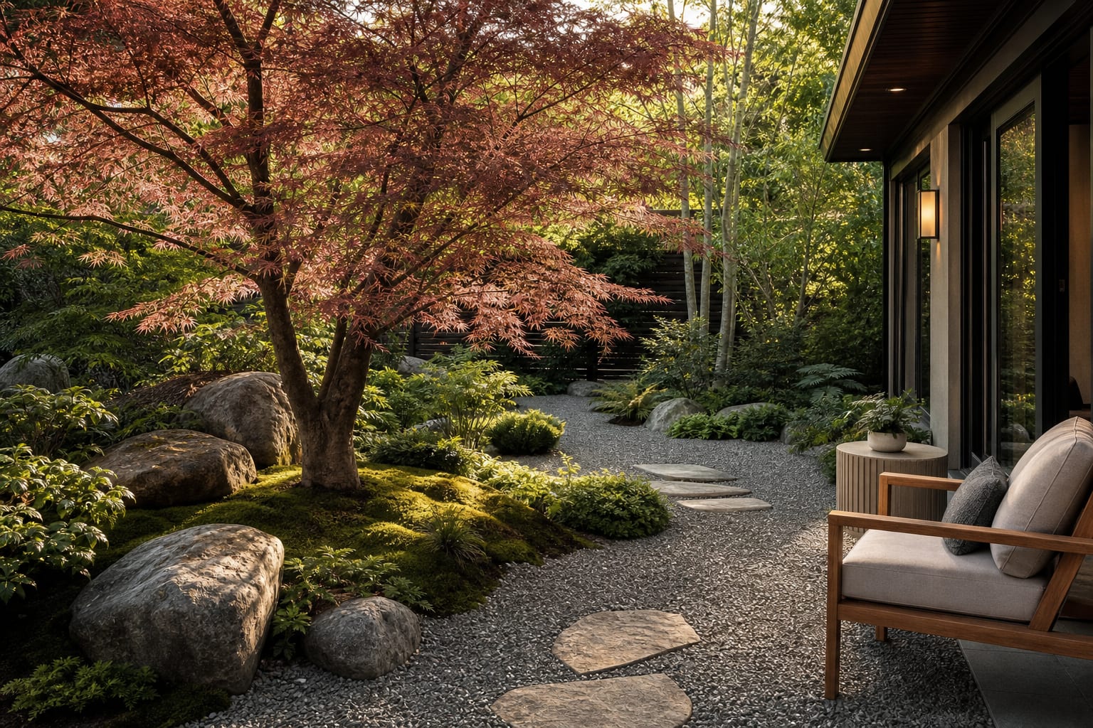 Japanese maple anchoring a compact garden with gravel, mossy ground cover, stone edging, and filtered afternoon shade