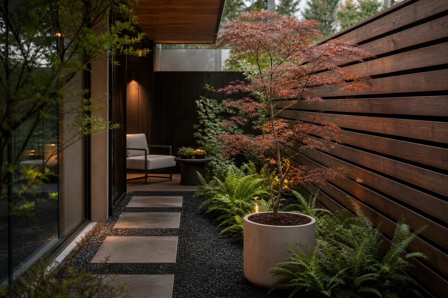 Potted Japanese maple beside a narrow path with dark gravel, low ferns, and a timber screen for wind protection