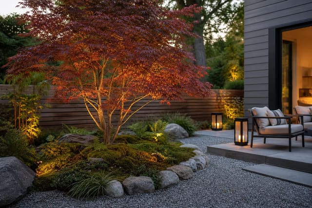 Japanese maple anchoring a compact garden with gravel, mossy ground cover, stone edging, and filtered afternoon shade