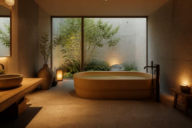 Japanese Soaking Tub Ideas in a calm bathroom, shown as a warm editorial Re-Design concept