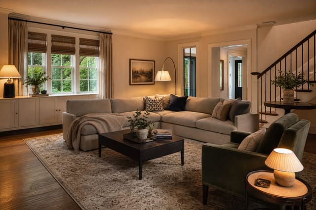 family living room with closed toy storage, performance fabric sofa, warm rug, and adult-scaled lamps