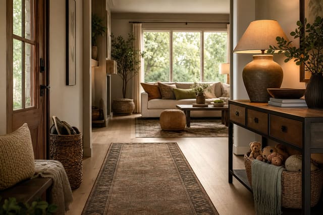 family entry and living room with matte oak-look flooring, washable runner, toy basket, and low-sheen kid-friendly finishes