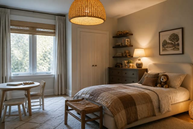Editorial interior photograph showing kids bedroom ideas in a real child's bedroom, with practical family-room materials, layered warm lighting, functional furniture placement, and a magazine-quality residential composition.