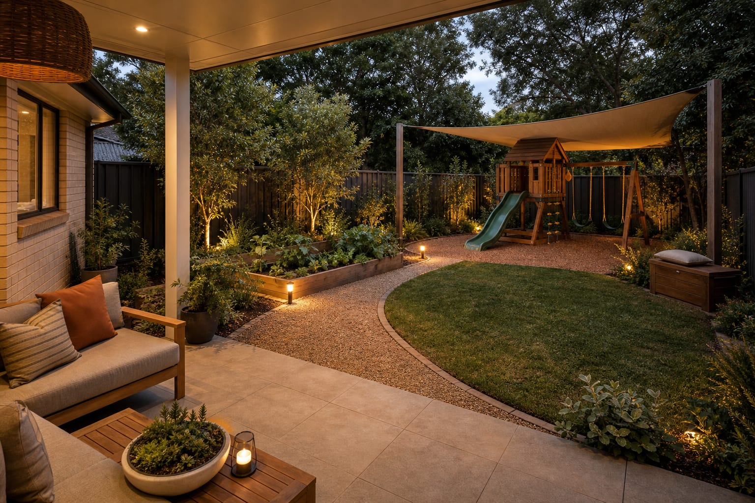 Same backyard angle with timber playset, soft landing surface, children's garden bed, shade sail, and tidy toy storage.