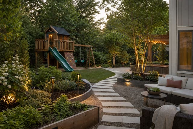 Kids' Outdoor Space Ideas: Playsets, Gardens, and Adventure Zones shown as a photorealistic outdoor redesign with layered materials, planting, lighting, and clear circulation