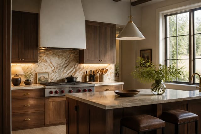 Editorial interior photograph showing kitchen backsplash ideas in a real kitchen backsplash scene, with warm modern kitchen materials, layered warm lighting, functional furniture placement, and a magazine-quality residential composition.