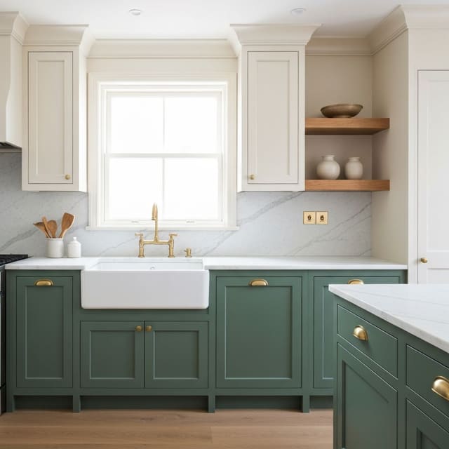 A kitchen with sage green lower cabinets and warm white uppers