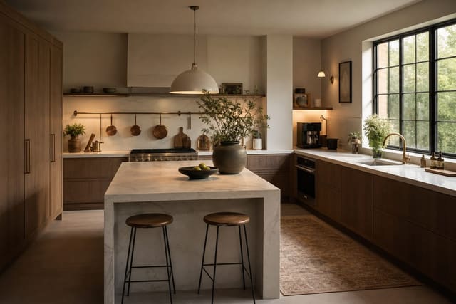 clear kitchen counters with a defined coffee zone, wall rail, closed pantry storage, and open prep space near the sink