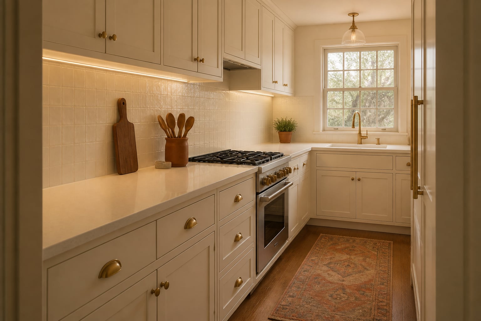 Same galley counter cleared to a single walnut cutting board, a terracotta utensil crock, a salt cellar, and a rosemary planter, lit by warm under-cabinet LED.