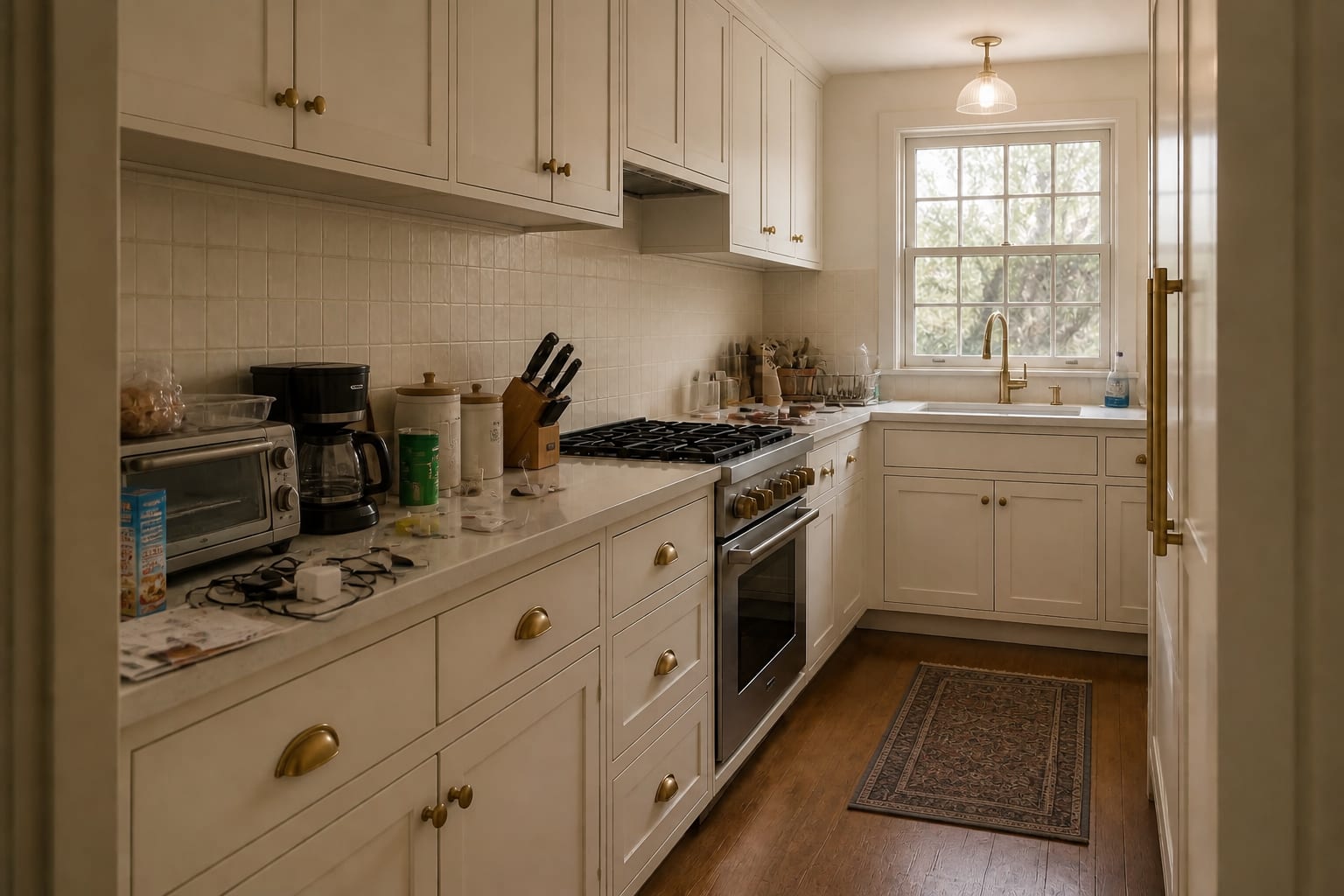 Galley kitchen counter buried under a toaster, coffee maker, mismatched canisters, knife block, mail, cereal box, and tangled chargers, under cold fluorescent light.