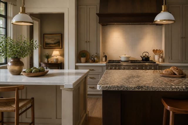 Editorial interior photograph showing kitchen countertop ideas: quartz vs granite compared in a real kitchen, with warm residential materials, layered lighting, functional furniture placement, and a magazine-quality composition.