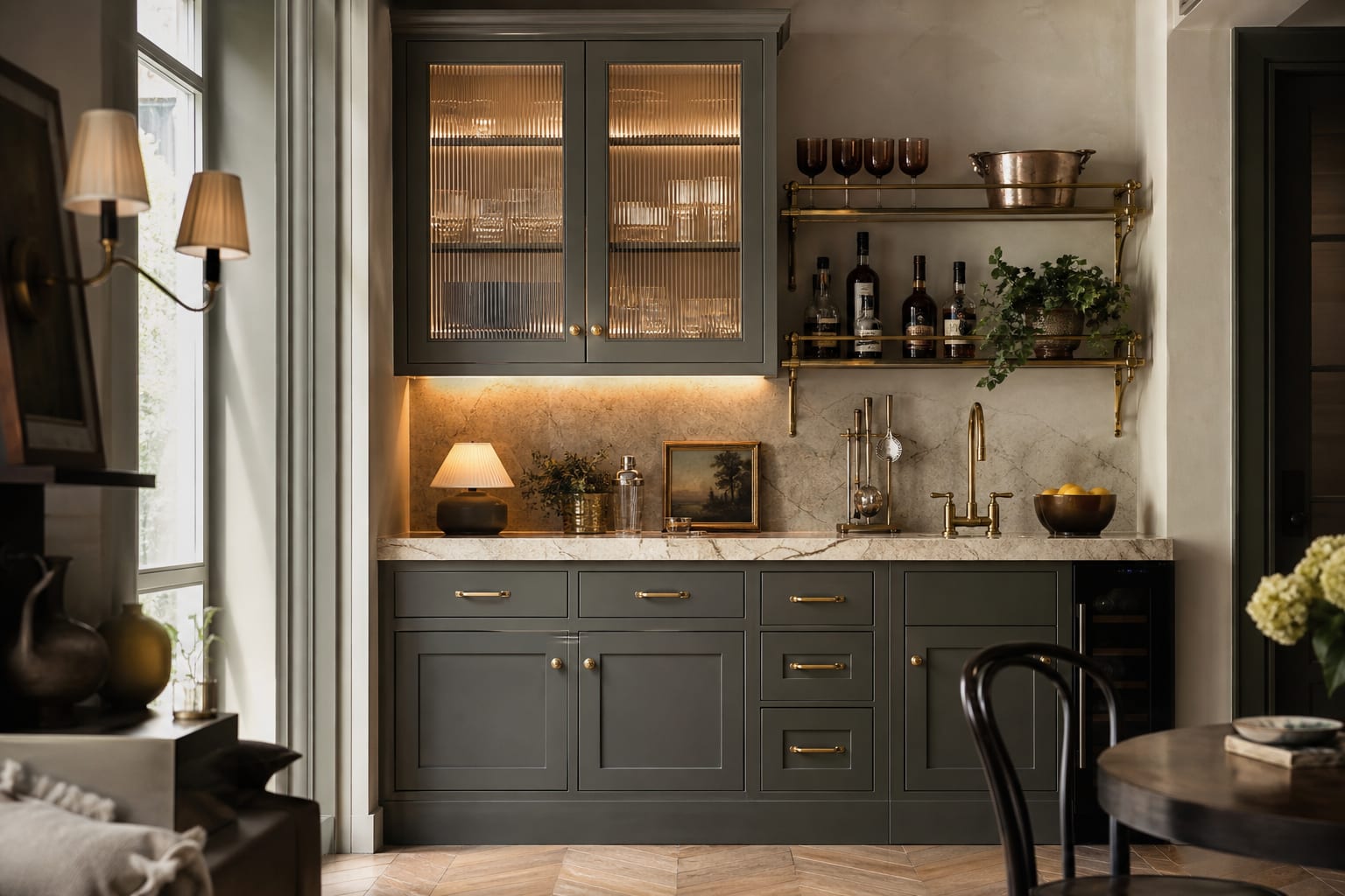 compact kitchen drinks station with fluted glass cabinet doors, brass rail shelving, stone counter, and warm undercabinet lighting