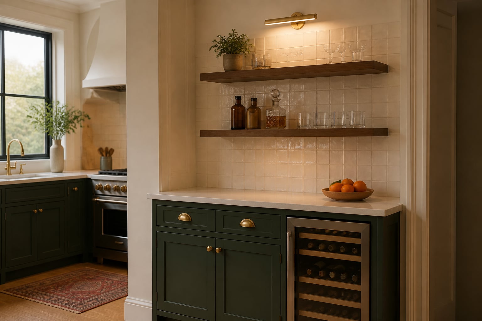 Same section converted to a bar zone with deep green lower cabinets, walnut open shelves of glassware and bottles, a brass picture light, and an under-counter wine fridge.
