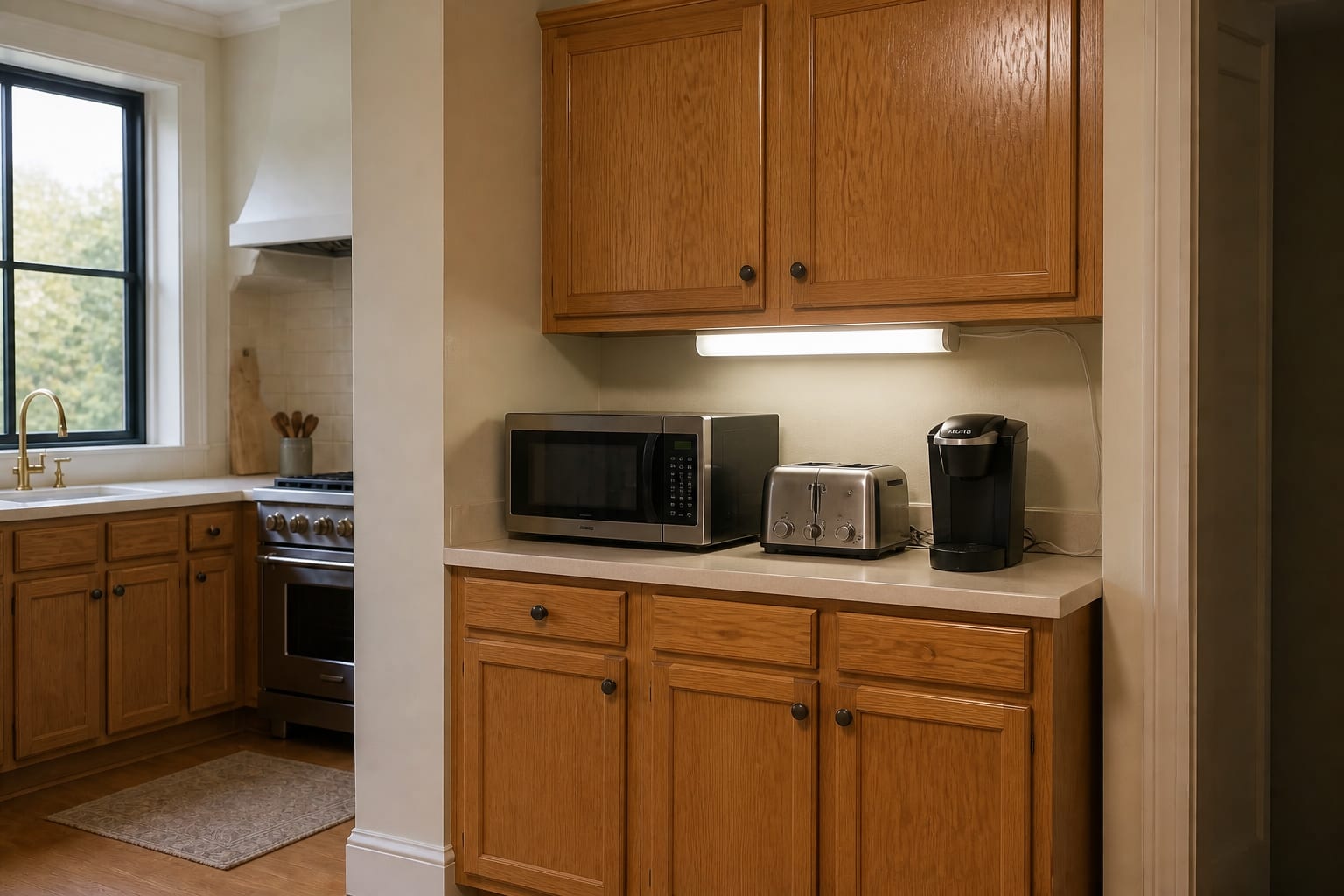 Section of kitchen with an orange-oak upper cabinet, cream laminate counter, a microwave, toaster, and Keurig taking the counter, under cold fluorescent light.