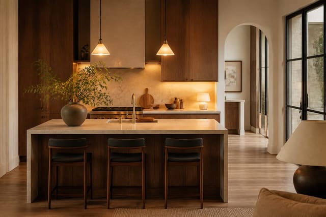 Editorial interior photograph showing kitchen island ideas in a real kitchen with island, with warm modern kitchen materials, layered warm lighting, functional furniture placement, and a magazine-quality residential composition.