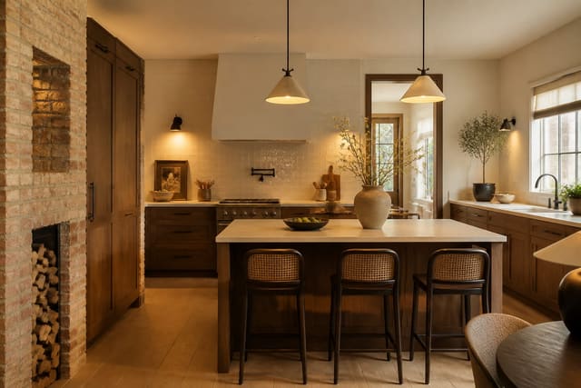 Editorial interior photograph showing kitchen layout guide in a real kitchen, with warm modern kitchen materials, layered warm lighting, functional furniture placement, and a magazine-quality residential composition.