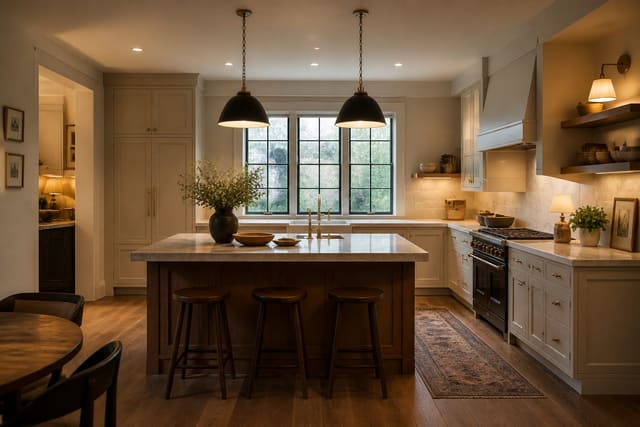 Editorial interior photograph showing kitchen lighting ideas: layer ambient, task, and accent in a real kitchen, with warm residential materials, layered lighting, functional furniture placement, and a magazine-quality composition.