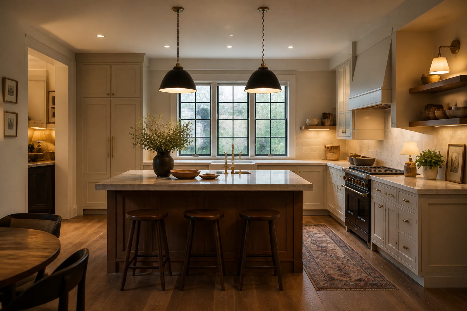 Editorial interior photograph showing kitchen lighting ideas: layer ambient, task, and accent in a real kitchen, with warm residential materials, layered lighting, functional furniture placement, and a magazine-quality composition.