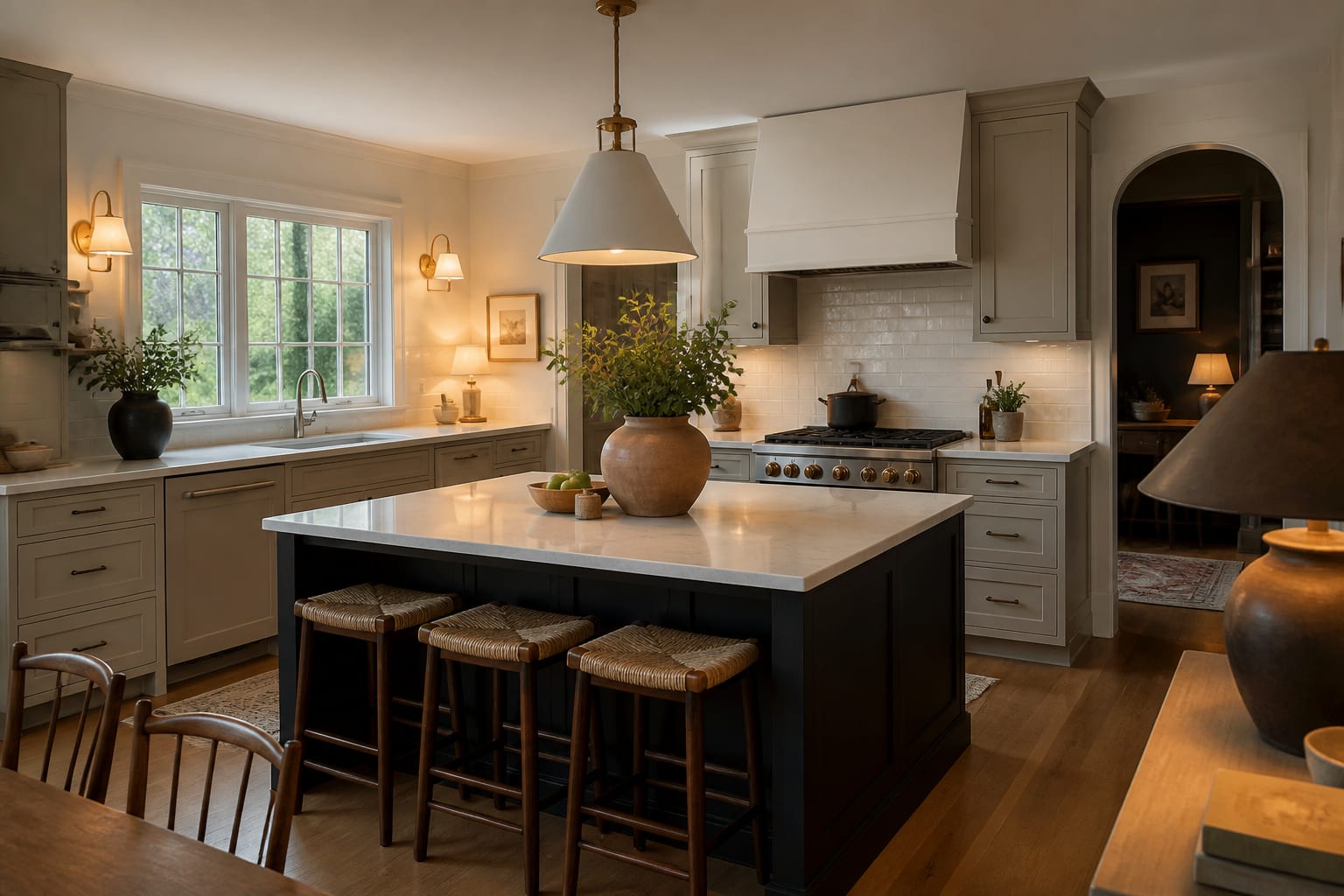 Mid-range kitchen remodel with shaker cabinets, quartz counters, warm lighting, and a practical island, shown as a warm editorial Re-Design concept
