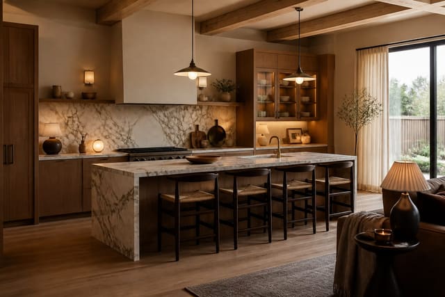 Kitchen Design Trends 2026: Cabinets, Materials, and Color, shown as warm editorial Re-Design photography with believable residential scale, no overlaid text, no watermark