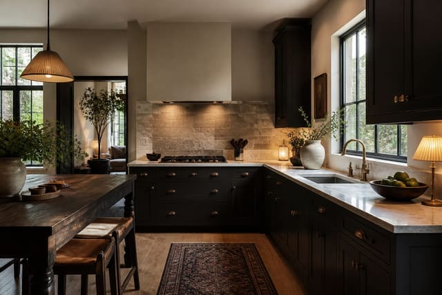 Editorial interior photograph showing l-shaped kitchen ideas: two runs that flow together in a real kitchen, with warm residential materials, layered lighting, functional furniture placement, and a magazine-quality composition.