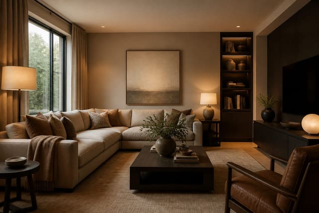 L-Shaped Living Room Ideas in a living room, shown as a warm editorial Re-Design concept