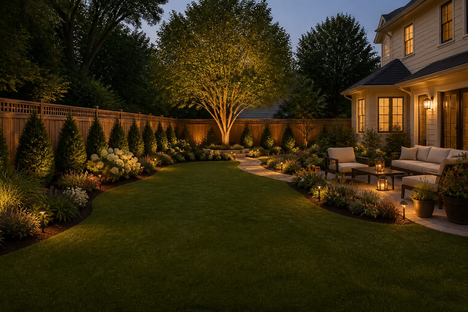 Same backyard with defined bed edges, a gravel path, a repeating shrub backbone, and a focal specimen tree after redesign