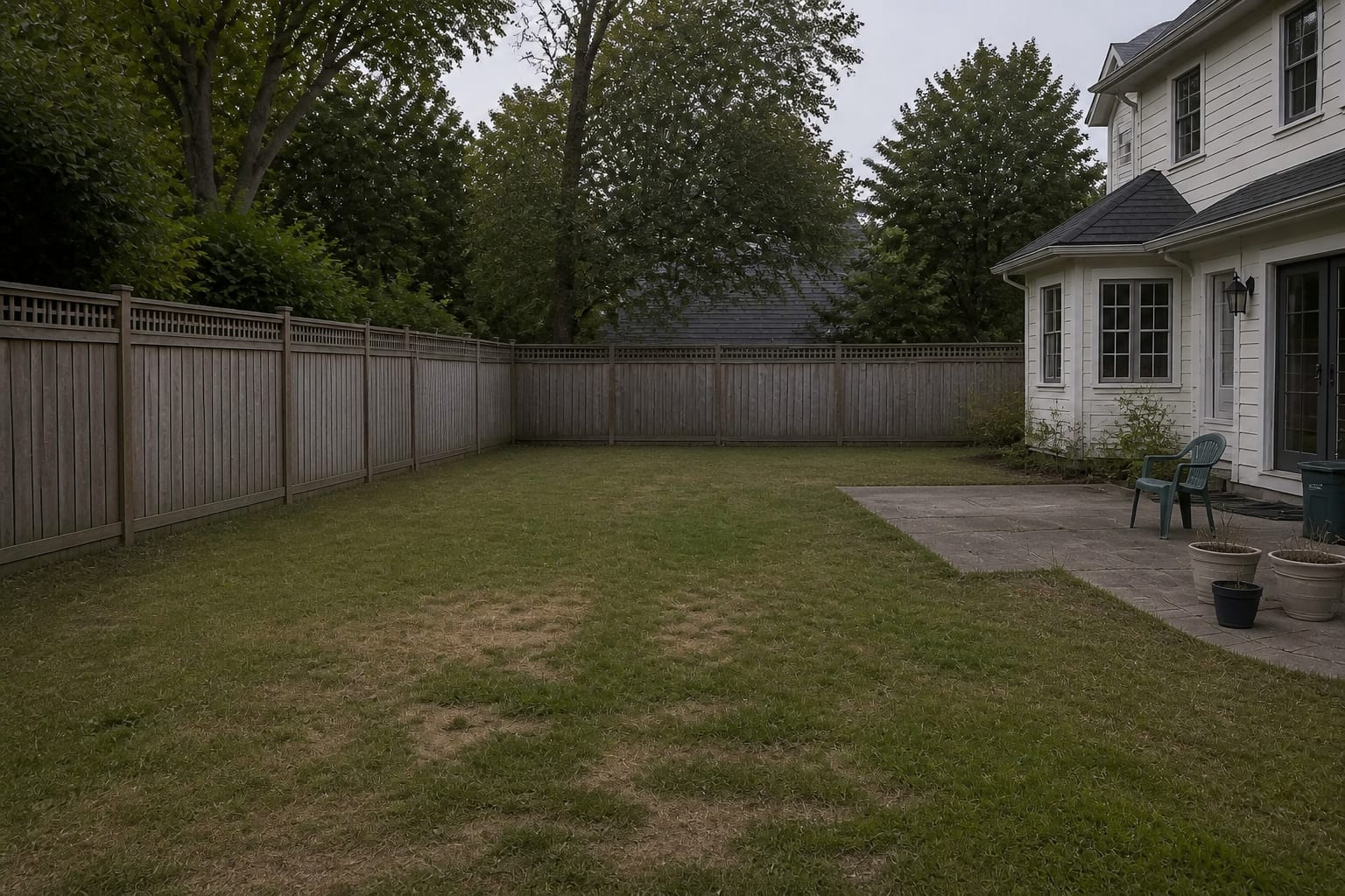 Plain rectangular backyard with a wide lawn, scattered plants, and no defined beds or paths before redesign