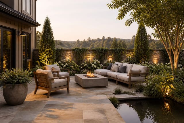 Editorial outdoor residential space illustrating landscape design principles: structure, rhythm, and focal points with warm natural light, realistic planting, hardscape, and furniture scale