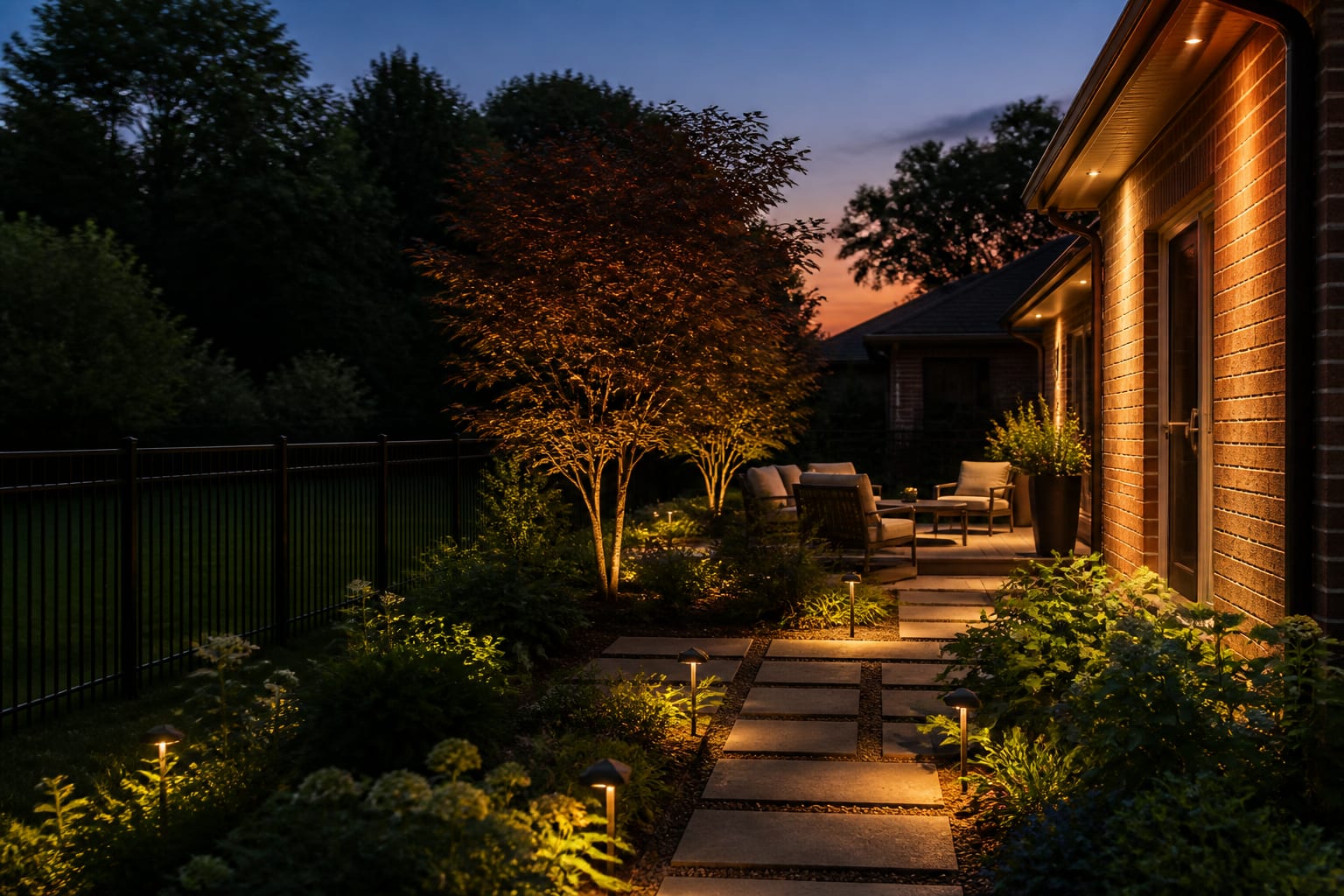 Same backyard at dusk in warm 2700K light with softly uplit tree and path lights after redesign