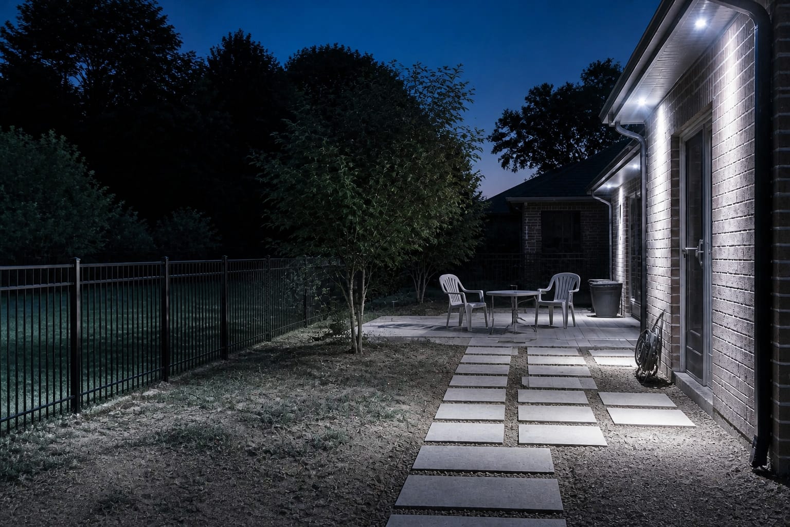 Backyard at night washed in harsh blue 5000K floodlight looking cold and flat before redesign
