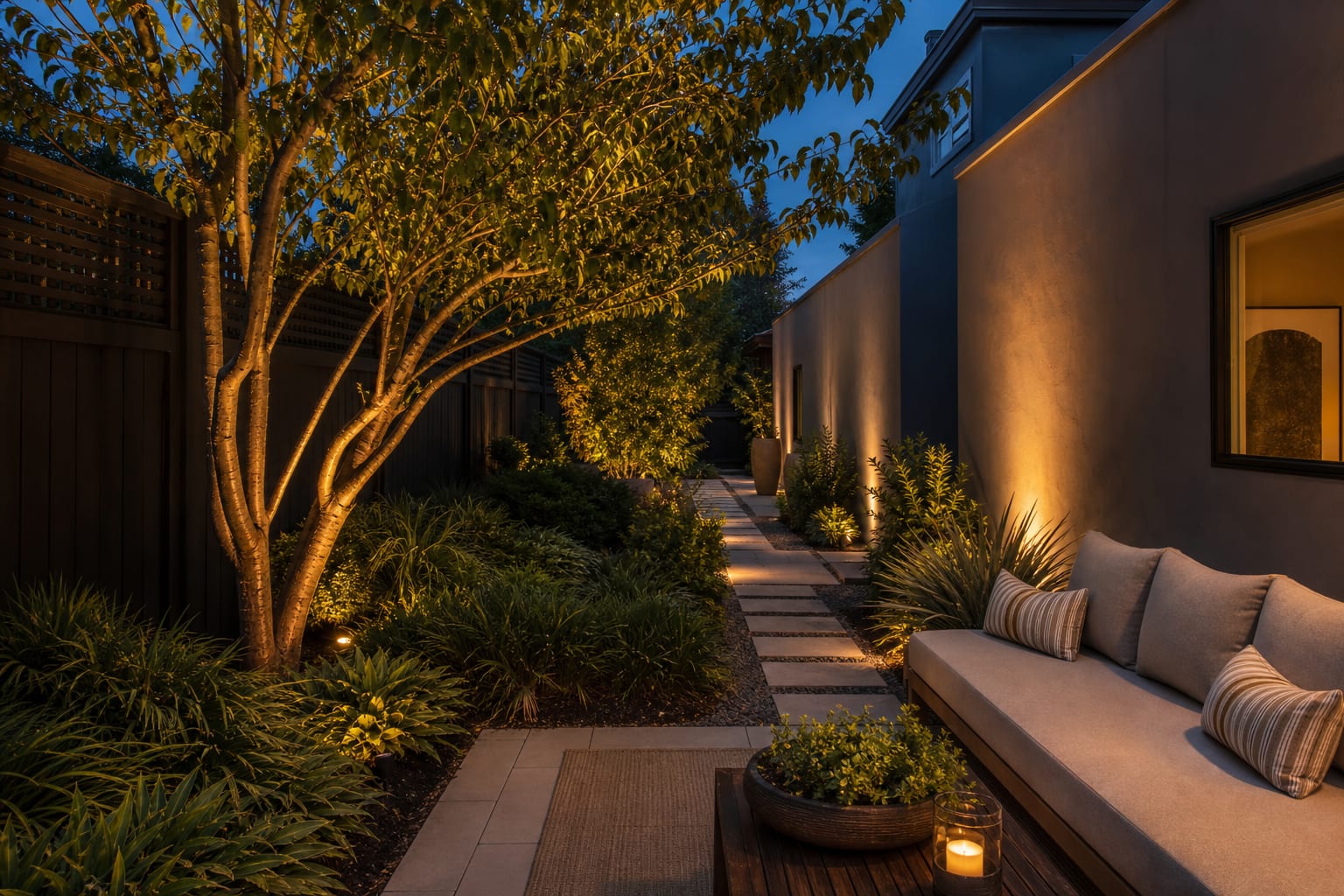 Same side garden with warm uplights on tree trunks, ornamental grasses, and a textured wall while the path stays softly dark.