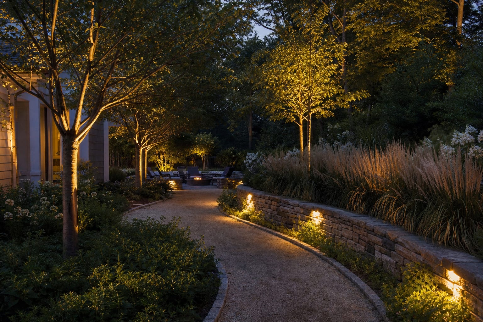 garden path with warm uplights grazing tree trunks, ornamental grasses, and a low stone wall at dusk