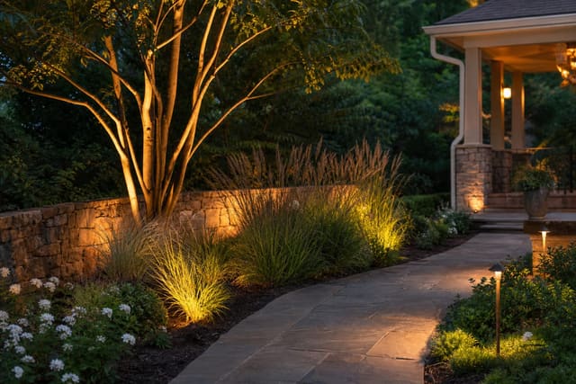garden path with warm uplights grazing tree trunks, ornamental grasses, and a low stone wall at dusk