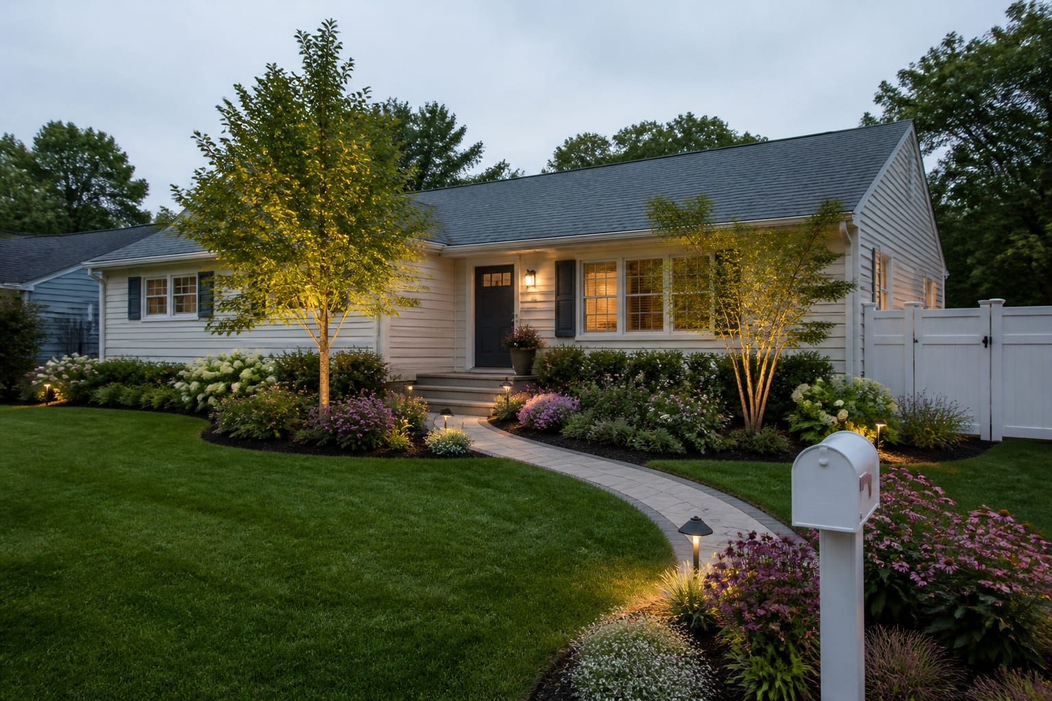 The same front yard with new beds, shrubs, and healthy lawn after landscaping