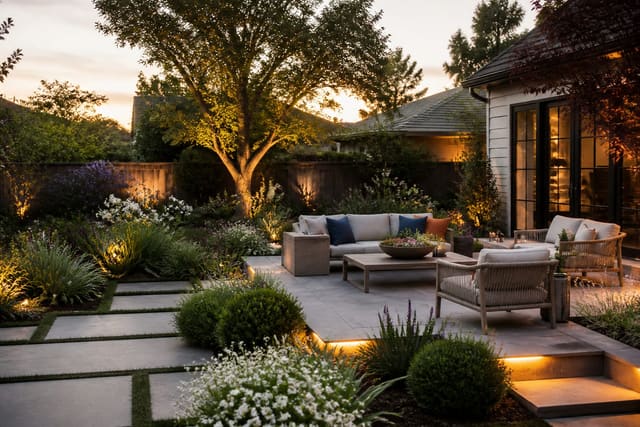 Landscaping Cost Guide: Front Yard, Back Yard, and Upkeep, shown as warm editorial outdoor Re-Design photography with believable residential scale